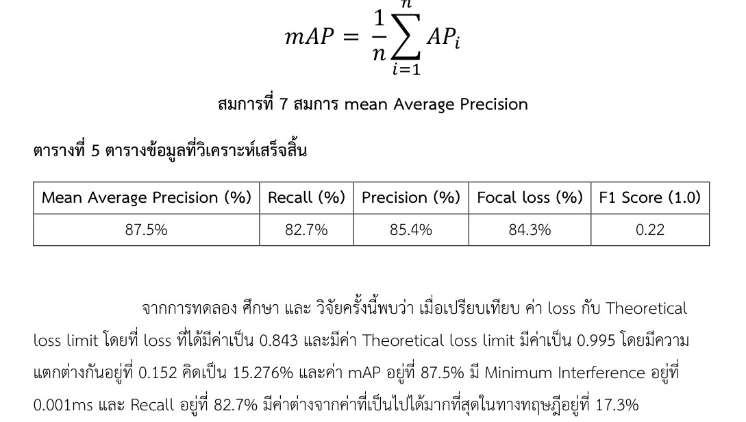 Result table from the student report showing mAP, recall, precision, focal loss, and F1 score