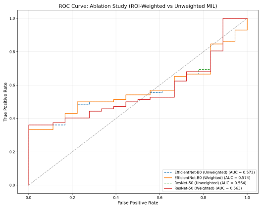 ROC curves comparing weighted and unweighted multiple-instance learning models